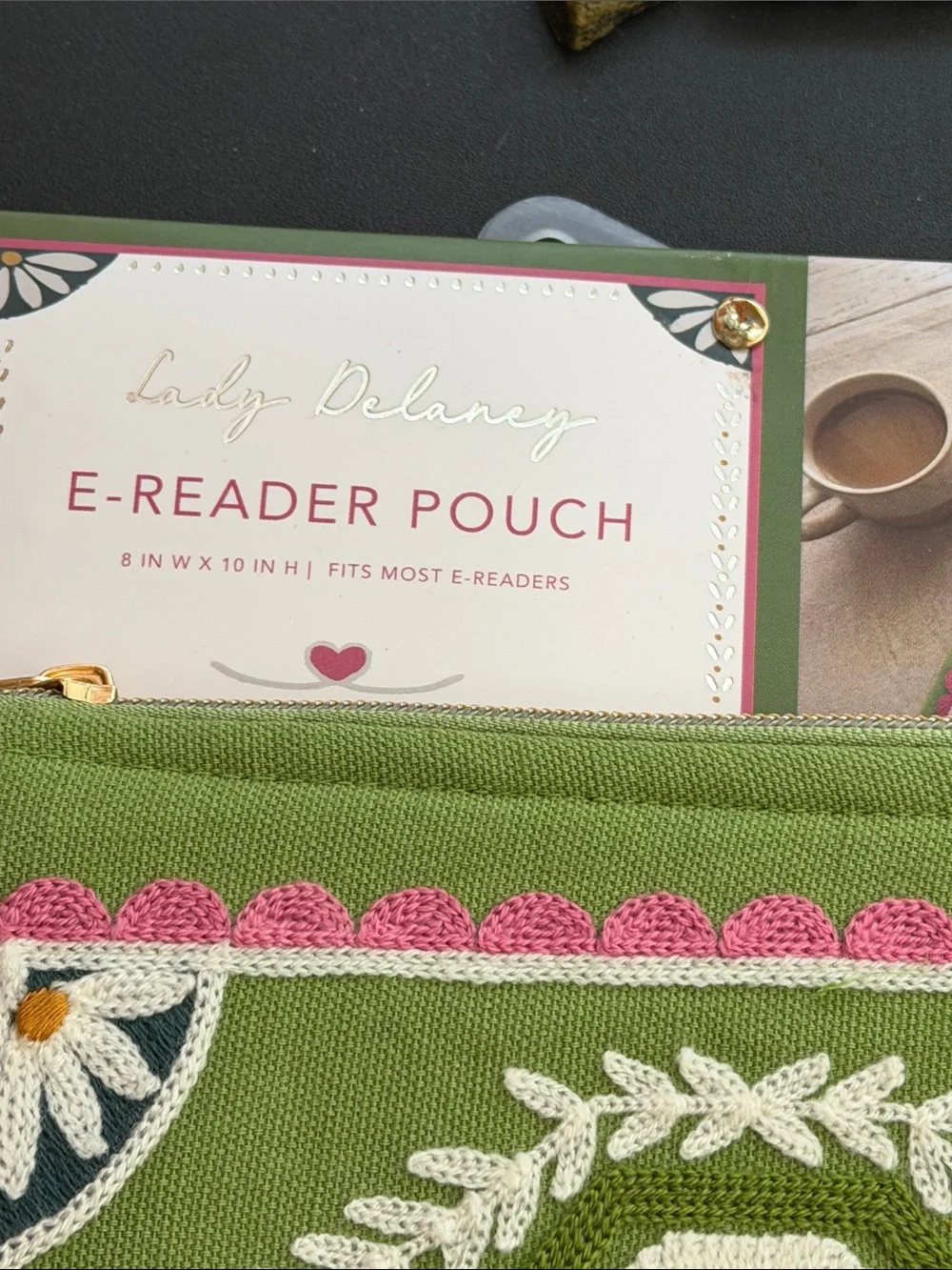 Lady Delaney embroidered cloth e-reader pouch 8” x 10”
